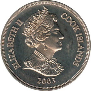 Аверс монеты Острова Кука, 1 доллар, 2003, Исторические корабли - Горх Фок /корабль идёт вправо, белый борт/