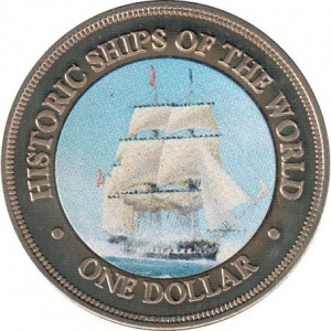 Реверс монеты Острова Кука, 1 доллар, 2003, Исторические корабли - USS Constitution /корабль идёт вправо, чёрно-белый…