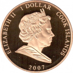 Аверс монеты Острова Кука, 1 доллар, 2007, Елизавета в голубом костюме и шляпке с пером, Филипп в военной форме