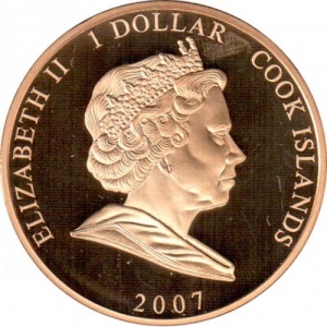 Аверс монеты Острова Кука, 1 доллар, 2007, Елизавета в красном платье