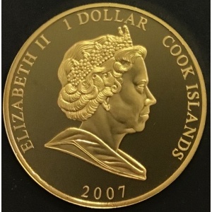 Аверс монеты Острова Кука, 1 доллар, 2007, Елизавета в синем платье, Филипп в костюме