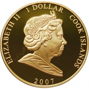 Аверс монеты Острова Кука, 1 доллар, 2007, В черном платье и короне