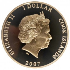 Аверс монеты Острова Кука, 1 доллар, 2007, Свадебное фото крупным планом /королева без воротника на аверсе/