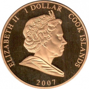 Аверс монеты Острова Кука, 1 доллар, 2007, Елизавета в платье, Филипп в форме