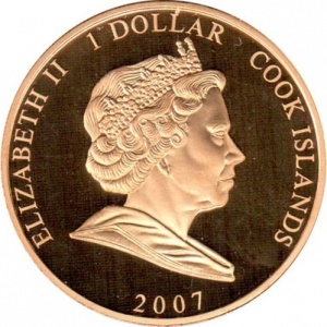 Аверс монеты Острова Кука, 1 доллар, 2007, Елизавета II в розовой блузке /с воротником, на аверсе/