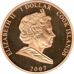 Аверс монеты Острова Кука, 1 доллар, 2007, Елизавета в зелёном платье, Филипп в костюме