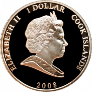 Аверс монеты Острова Кука, 1 доллар, 2008, В красном костюме с черными вставками