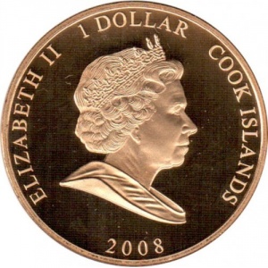 Аверс монеты Острова Кука, 1 доллар, 2008, Елизавета в зелёном костюме и шляпке, Филипп в костюме