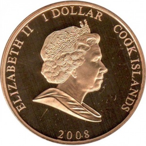 Аверс монеты Острова Кука, 1 доллар, 2008, Елизавета в синей шляпе