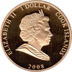 Аверс монеты Острова Кука, 1 доллар, 2008, Елизавета в черном пальто, Филипп в форме