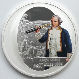 Реверс монеты Острова Кука, 1 доллар, 2009, 230 лет со дня смерти Джеймса Кука. Новый мир и буква O