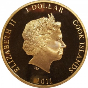 Аверс монеты Острова Кука, 1 доллар, 2011, 60 лет правлению Елизаветы II /молодая королева с короной/