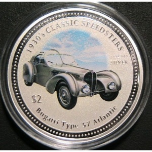 Реверс монеты Острова Кука, 2 доллара, 2006, Классические спидстеры 1930-х годов - Bugatti Type 57 Atlantic