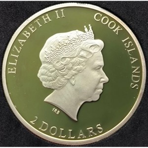 Аверс монеты Острова Кука, 2 доллара, 2008, Парусные корабли - Александр фон Гумбольдт /с меткой IRB на аверсе/