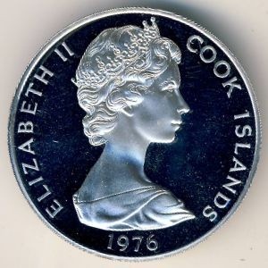 Аверс монеты Острова Кука, 5 долларов, 1976, Птицы - Мангаианский зимородок