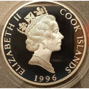 Аверс монеты Острова Кука, 5 долларов, 1996, Вымирающие виды - Гепард