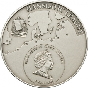Аверс монеты Острова Кука, 5 долларов, 2009, Ганзейская лига - Любек