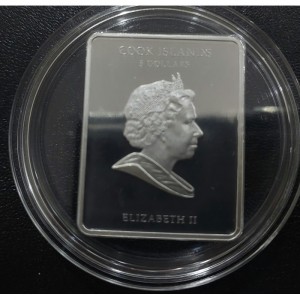 Аверс монеты Острова Кука, 5 долларов, 2009, Старые мастера Европы — Леонардо да Винчи /золотая маска на реверсе/