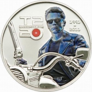 Реверс монеты Острова Кука, 5 долларов, 2011, 20 лет фильму Терминатор 2. T2 на мотоцикле