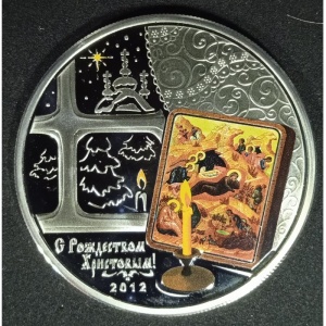 Реверс монеты Острова Кука, 5 долларов, 2012, С Рождеством Христовым! /Русский язык/