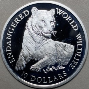 Реверс монеты Острова Кука, 10 долларов, 1990, Вымирающие виды - Тигр