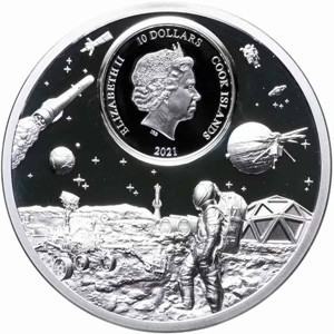 Аверс монеты Острова Кука, 10 долларов, 2021, Время летит - Путешественники, жаждущие открытий