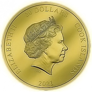 Аверс монеты Острова Кука, 20 долларов, 2021, Восшествие на престол японского императора - Иватэ