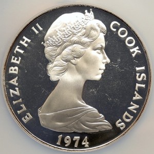 Аверс монеты Острова Кука, 50 долларов, 1974, 100 лет со дня рождения Уинстона Черчилля