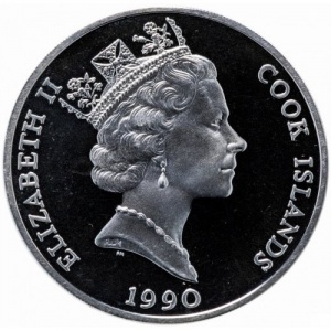 Аверс монеты Острова Кука, 50 долларов, 1990, Вымирающие виды - Американский журавль