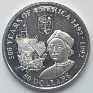 Реверс монеты Острова Кука, 50 долларов, 1990, 500-летие открытия Америки. Христофор Колумб