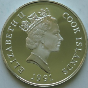 Аверс монеты Острова Кука, 50 долларов, 1990-1991, Вымирающие виды - Лев