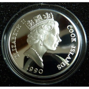 Аверс монеты Острова Кука, 50 долларов, 1990, Вымирающие виды - Носорог