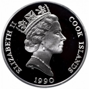 Аверс монеты Острова Кука, 50 долларов, 1990, Вымирающие виды - Толсторог