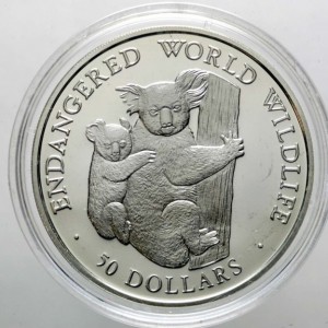 Реверс монеты Острова Кука, 50 долларов, 1990, Вымирающие виды - Коала