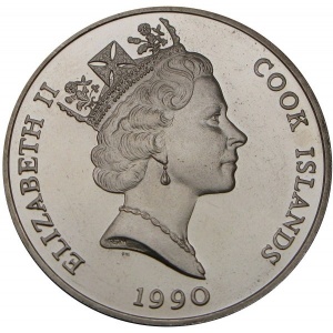 Аверс монеты Острова Кука, 50 долларов, 1990, Вымирающие виды - Шимпанзе