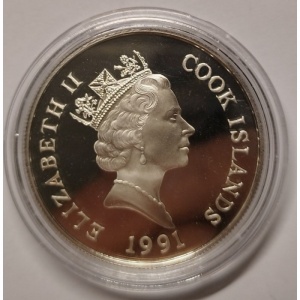 Аверс монеты Острова Кука, 50 долларов, 1991, Вымирающие виды - Сапсан