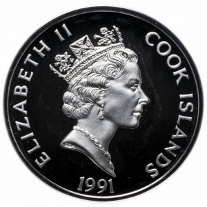 Аверс монеты Острова Кука, 50 долларов, 1991, 500 лет открытию Америки - Бостонское чаепитие