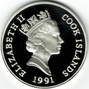 Аверс монеты Острова Кука, 50 долларов, 1991, Вымирающие виды - Филин