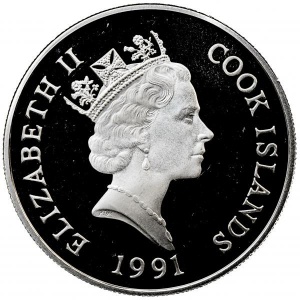 Аверс монеты Острова Кука, 50 долларов, 1991, Вымирающие виды - Дельфин Хэвисайда