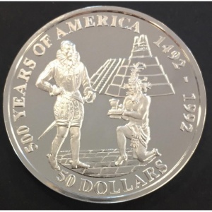 Реверс монеты Острова Кука, 50 долларов, 1992, 500 лет открытию Америки - Педро де Альварадо