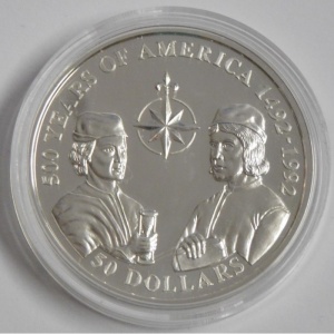 Реверс монеты Острова Кука, 50 долларов, 1993, 500 лет открытию Америки - Братья Пинсон