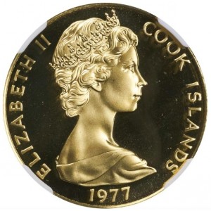 Аверс монеты Острова Кука, 100 долларов, 1977, 25 лет правлению Королевы Елизаветы II