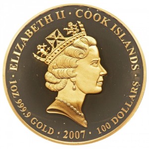 Аверс монеты Острова Кука, 100 долларов, 2007, 75 лет мосту Харбор-Бридж в Сиднее