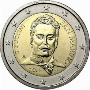 Аверс монеты Сан-Марино, 2 евро, 2014, 90 лет со дня смерти Джакомо Пуччини