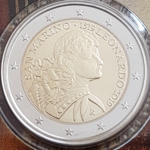 Аверс монеты Сан-Марино, 2 евро, 2019, 500 лет со дня смерти Леонардо да Винчи