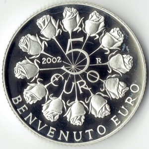 Реверс монеты Сан-Марино, 5 евро, 2002, Введение Евро