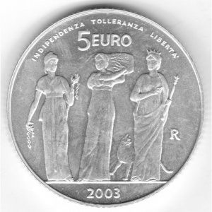 Реверс монеты Сан-Марино, 5 евро, 2003, Независимость, толерантность, свобода