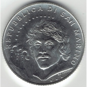 Аверс монеты Сан-Марино, 5 евро, 2010, 500 лет со дня смерти Караваджо
