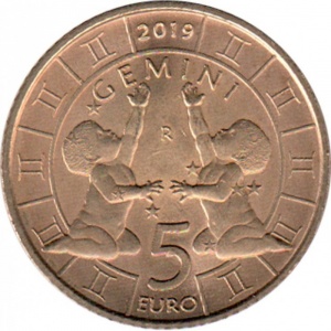 Реверс монеты Сан-Марино, 5 евро, 2019, Знаки зодиака - Близнецы