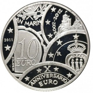 Реверс монеты Сан-Марино, 10 евро, 2011, 10 лет евро